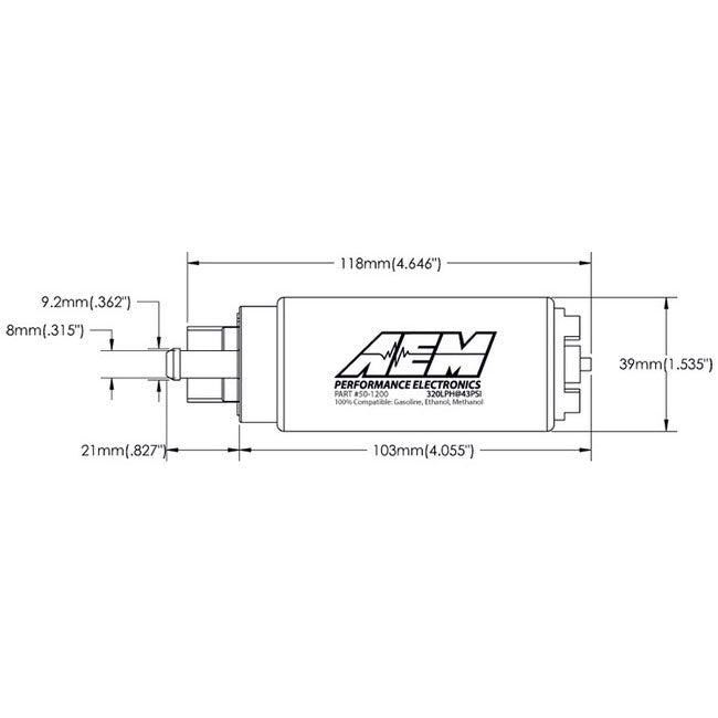 AEM E85 High Flow In-Tank Fuel Pump (320Lph, Offset Inlet, Inline) - Angle 3