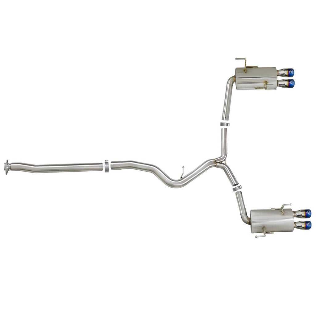 aFe Takeda Cat-Back Exhaust System w/ Blue Flame Tips (3in, 304SS), 2015-2021 STi & 2015-2021 WRX - Angle 4