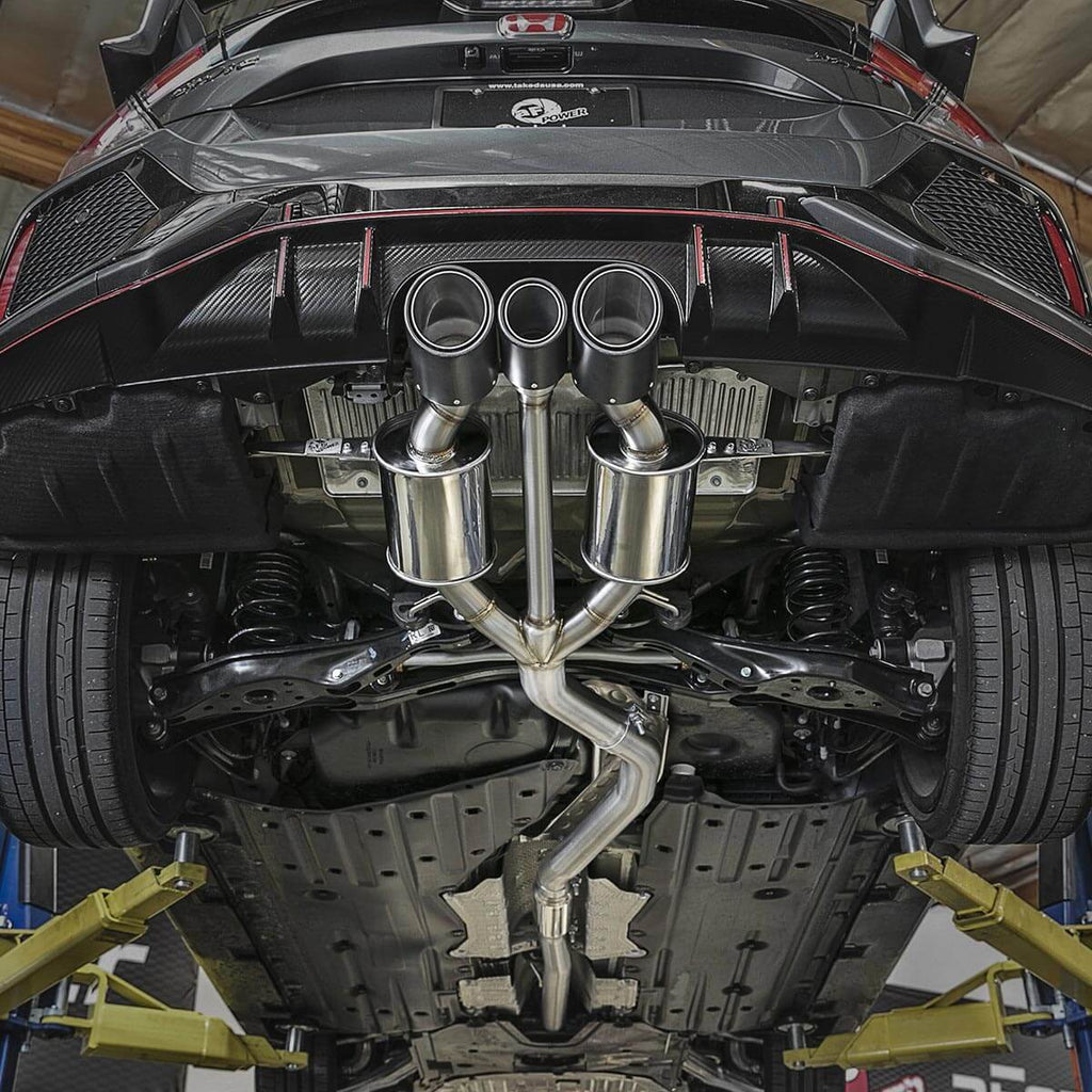 aFe Takeda Cat-Back Exhaust System w/ CF Tips (3in, 304SS), 2017-2021 Civic Type R - Angle 6