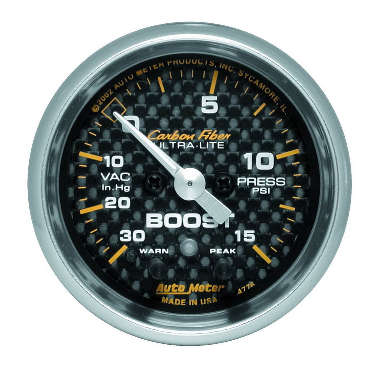 AutoMeter Carbon Fiber Boost Gauge (2 1/16in, 15 PSI w/ Peak/Warn)