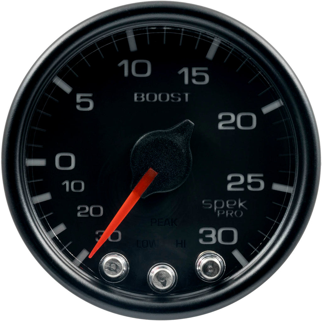 AutoMeter SPEK-PRO Boost Gauge (52mm, 30 In. Hg - 30 PSI, Black/Black) - Angle 2