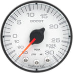 AutoMeter SPEK-PRO Boost Gauge (52mm, 30 In. Hg - 30 PSI, White/Black, AntiGlare Lens) - Angle 2