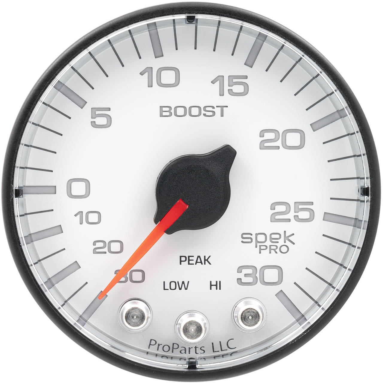 AutoMeter SPEK-PRO Boost Gauge (52mm, 30 In. Hg - 30 PSI, White/Black, AntiGlare Lens) - Angle 2