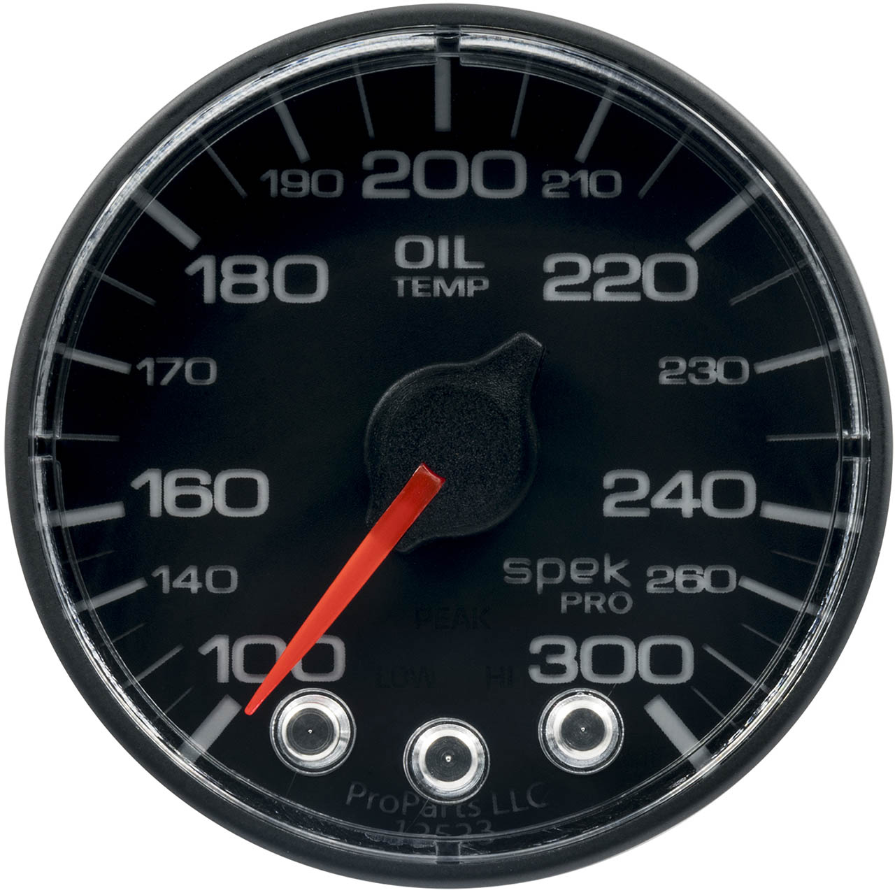 AutoMeter SPEK-PRO Oil Temperature Gauge (52mm, 100-300F, Black/Black, AntiGlare Lens) - Angle 2