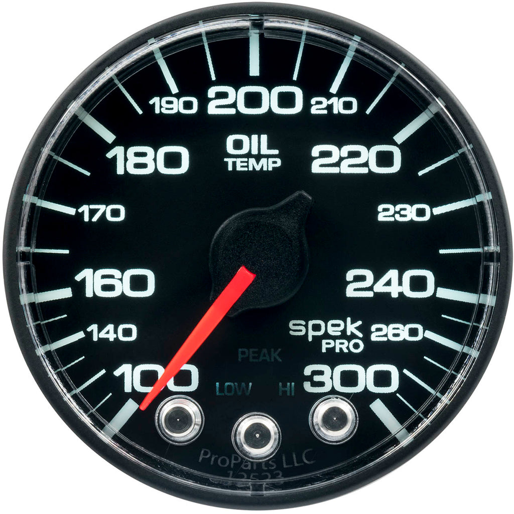 AutoMeter SPEK-PRO Oil Temperature Gauge (52mm, 100-300F, Black/Black, No O-Ring)