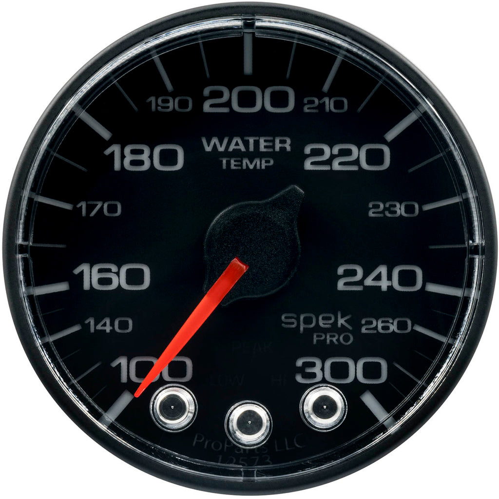 AutoMeter SPEK-PRO Water Temperature Gauge (52mm, 100-300F, Black/Black, AntiGlare Lens) - Angle 2