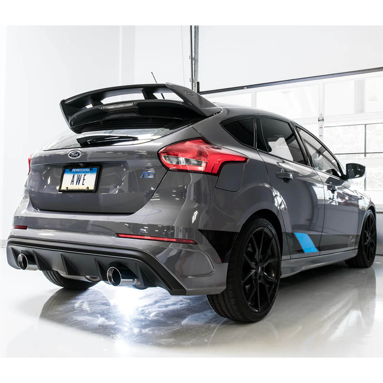 AWE Touring Edition Cat-Back Exhaust System Non-Resonated w/ Chrome Silver Tips, 2016-2018 Focus RS - Angle 2
