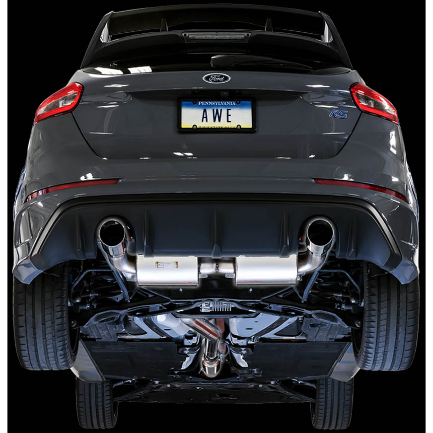 AWE Touring Edition Cat-Back Exhaust System Resonated w/ Chrome Silver Tips, 2016-2018 Focus RS - Angle 2