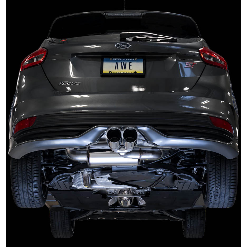 AWE Touring Edition Cat-Back Exhaust System Resonated w/ Chrome Silver Tips, 2013-2018 Focus ST - Angle 2