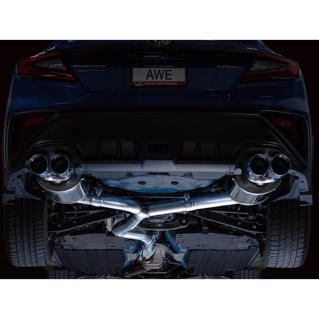 AWE Touring Edition Cat-Back Exhaust System w/ Chrome Silver Tips, 2022-2026 WRX - Angle 5