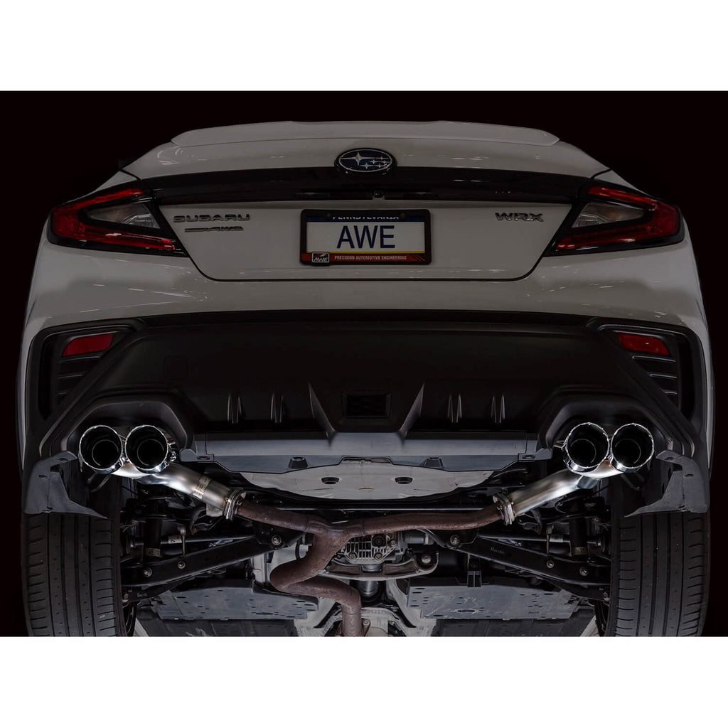 AWE Track Edition Axleback Exhaust w/ Chrome Silver Tips, 2022-2026 WRX - Angle 5
