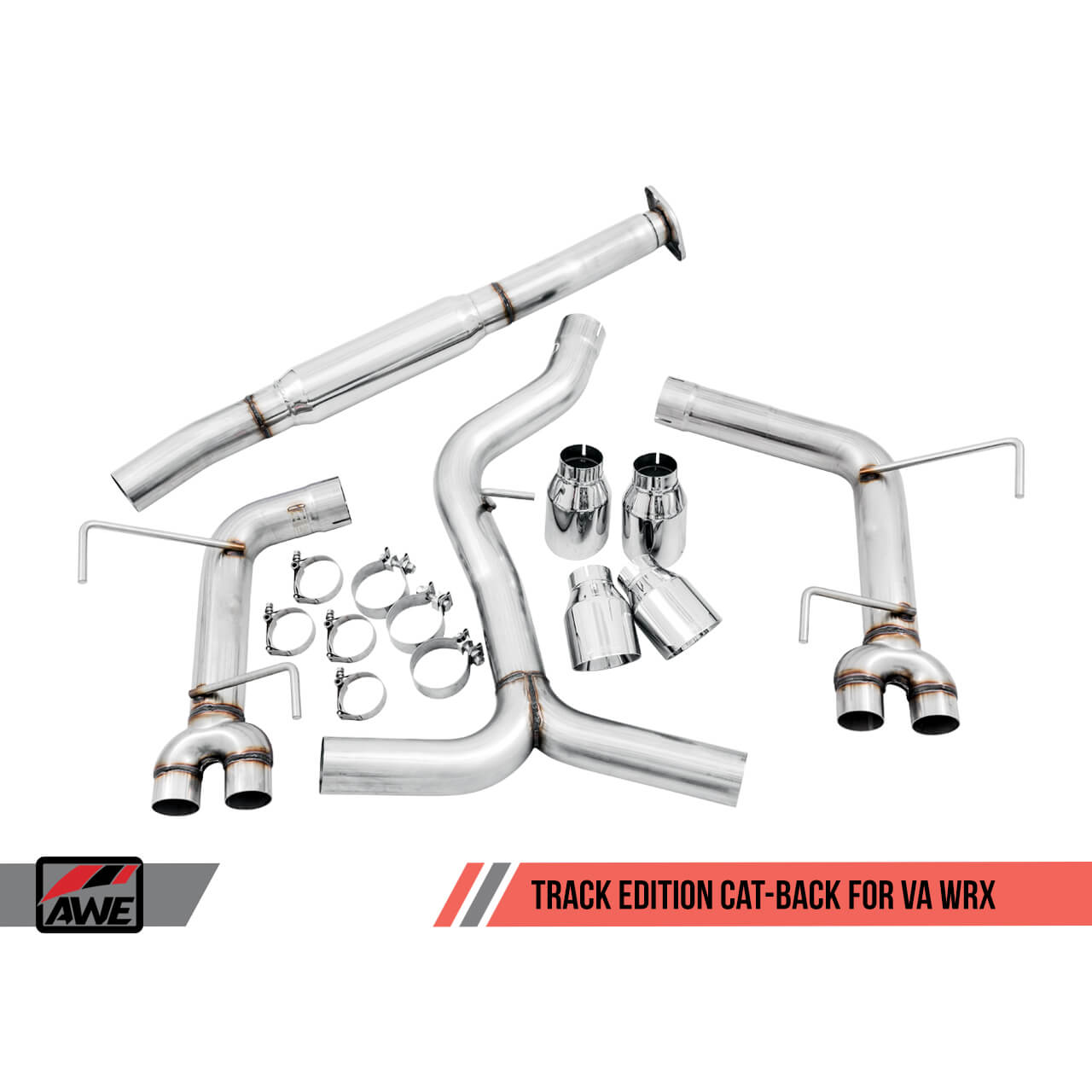 AWE Track Edition Cat-Back Exhaust System w/ 102mm Chrome Silver Tips, 2015-2021 STi & 2015-2021 WRX - Angle 3