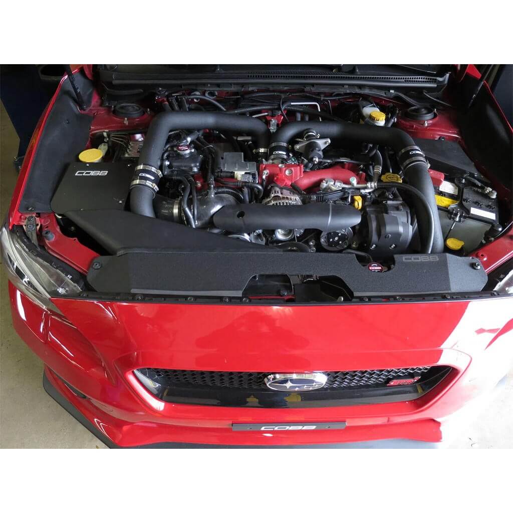 COBB Aluminum Radiator Shroud (Wrinkle Black), 2015-2021 STi & 2015-2021 WRX - Angle 3