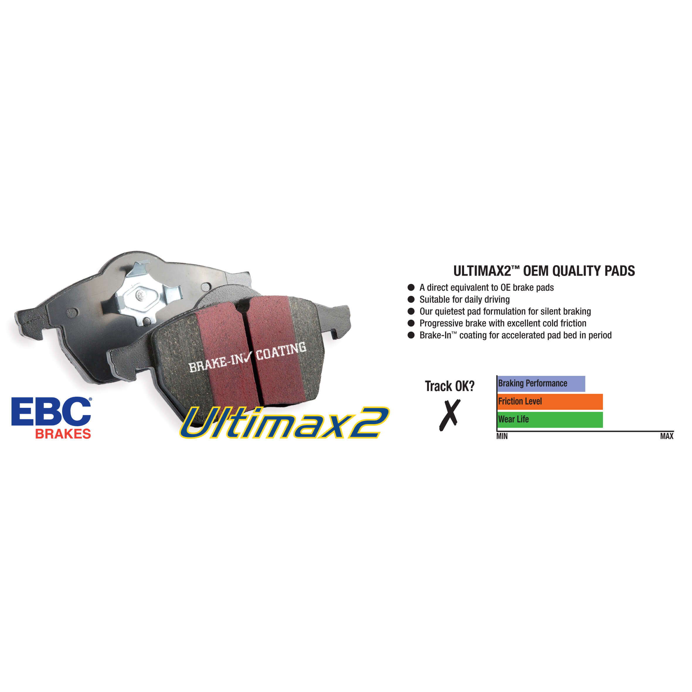 EBC Front Ultimax2 Brake Pads, 2004-2017 STi & EVO 8/9/X - Angle 2