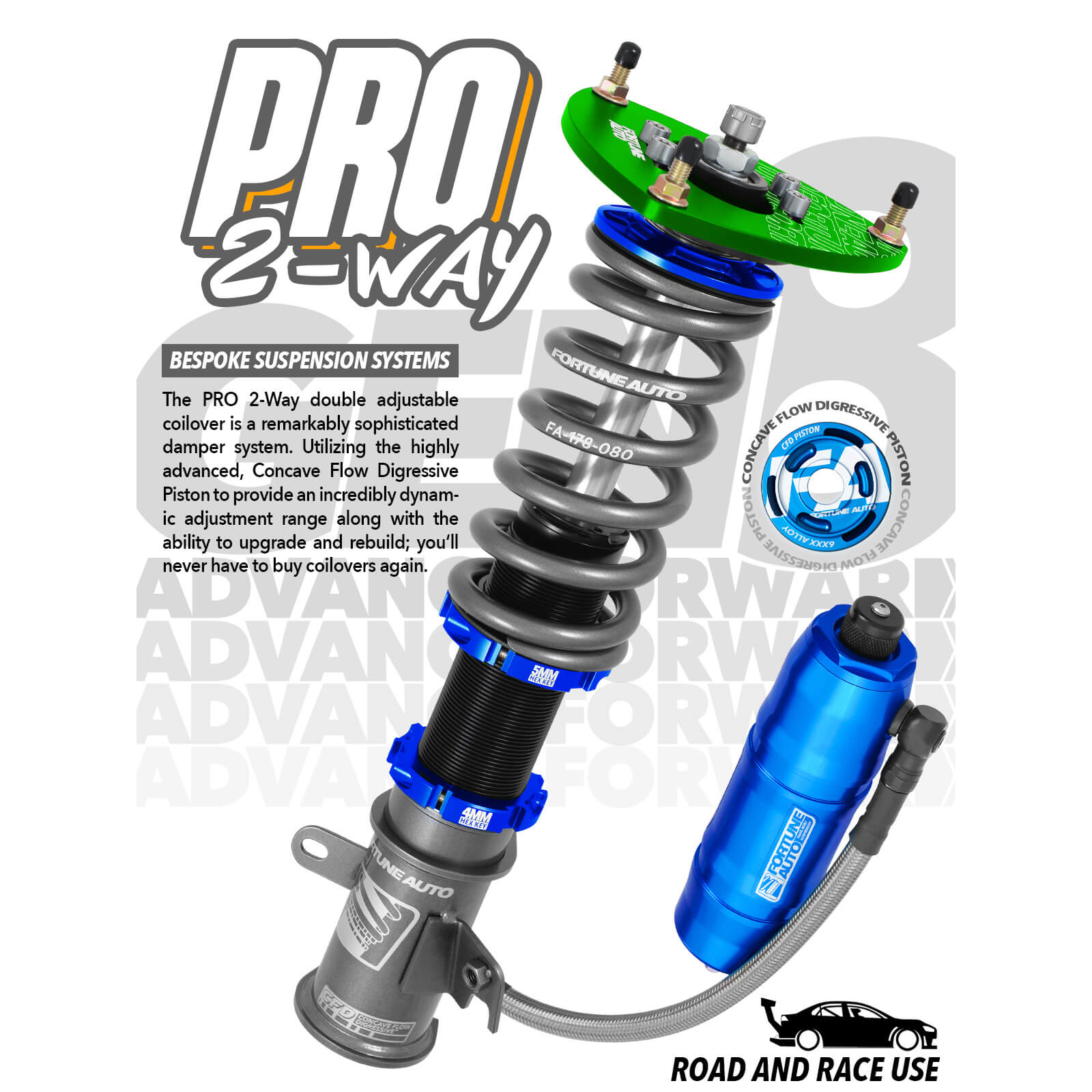 Fortune Auto Dreadnought PRO Series 2-Way Coilovers, 2000-2009 S2000 - Angle 2