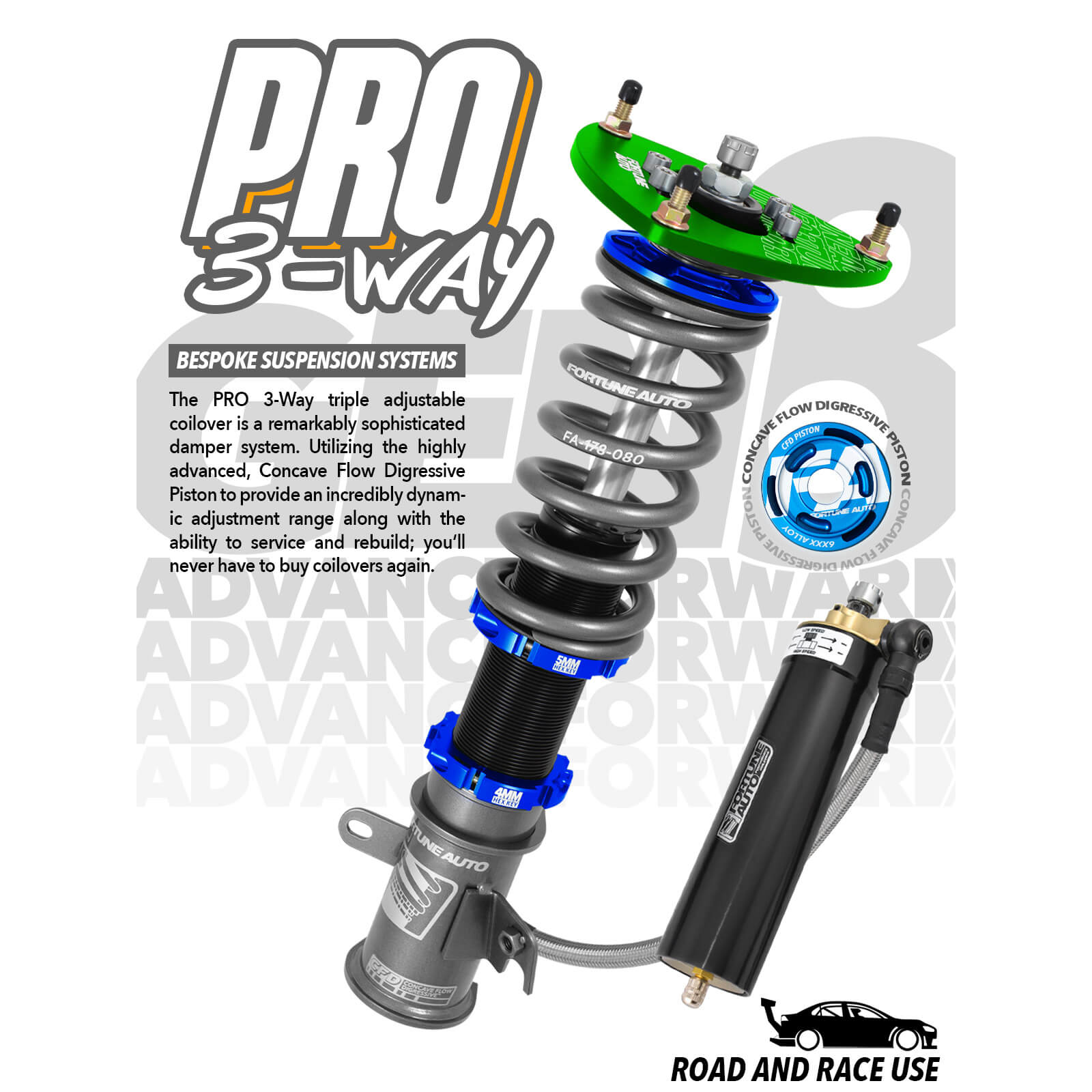 Fortune Auto Dreadnought PRO Series 3-Way Coilovers, 2000-2009 S2000 - Angle 2
