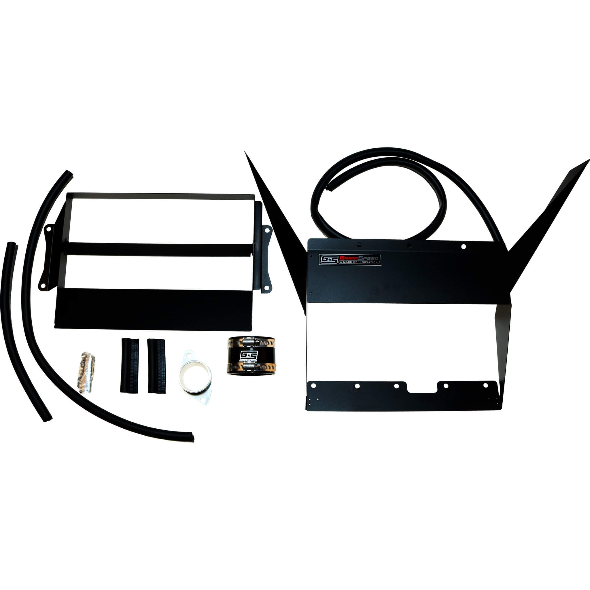 GrimmSpeed Top Mount Intercooler Kit w/ Splitter (Black), 2015-2021 WRX - Angle 3