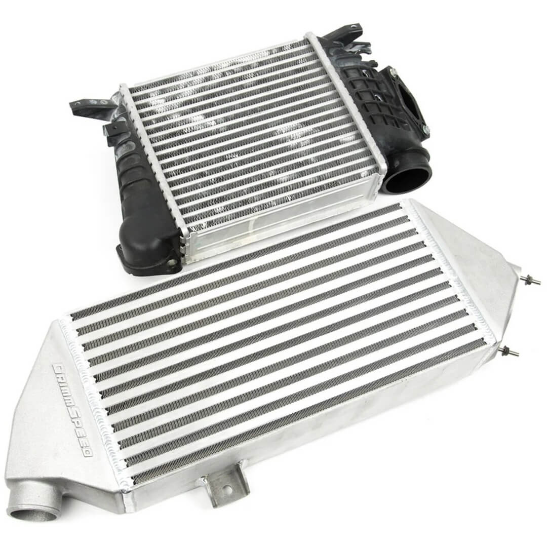 GrimmSpeed Top Mount Intercooler Kit w/ Splitter- Silver, 2008-2014 WRX - Angle 6