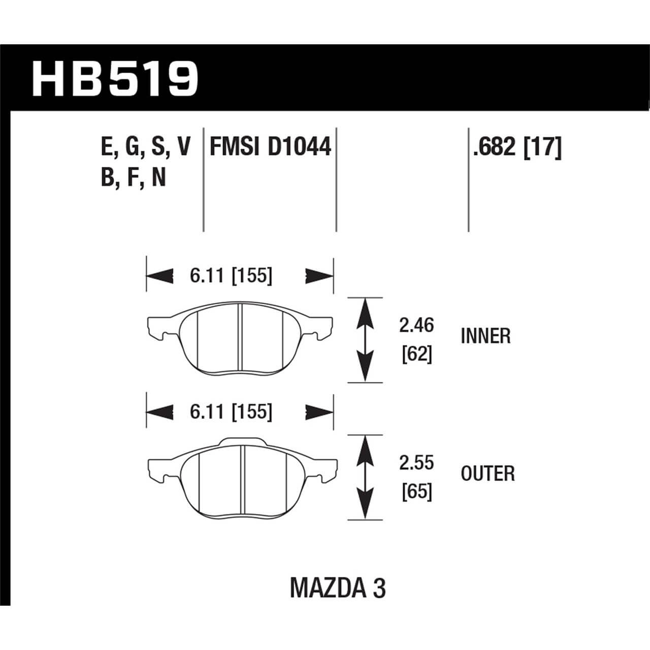 Hawk Front HP Plus Brake Pads, 2004-2013 Mazda3 - Angle 2