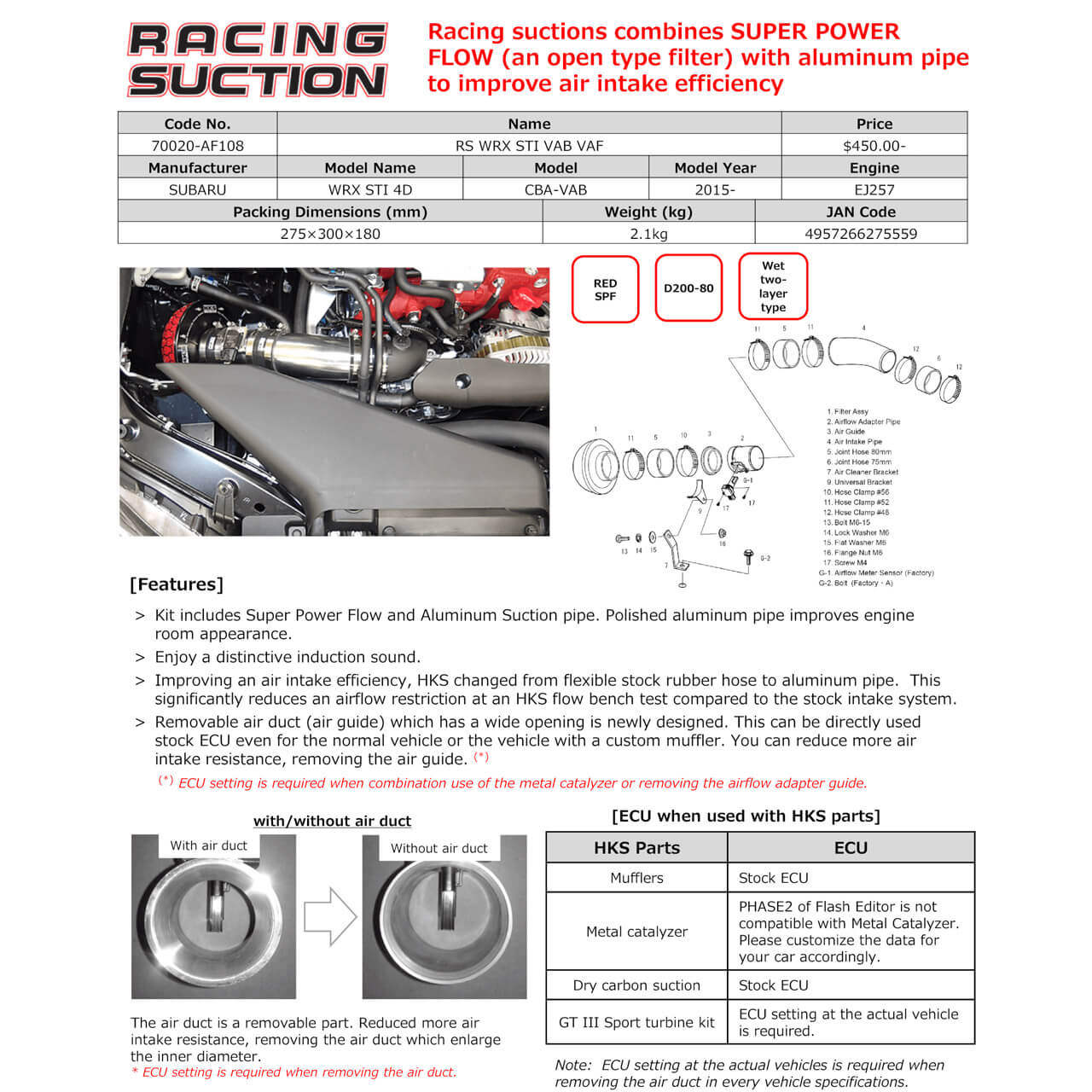 HKS Racing Suction Intake System, 2015-2021 STi - Angle 4