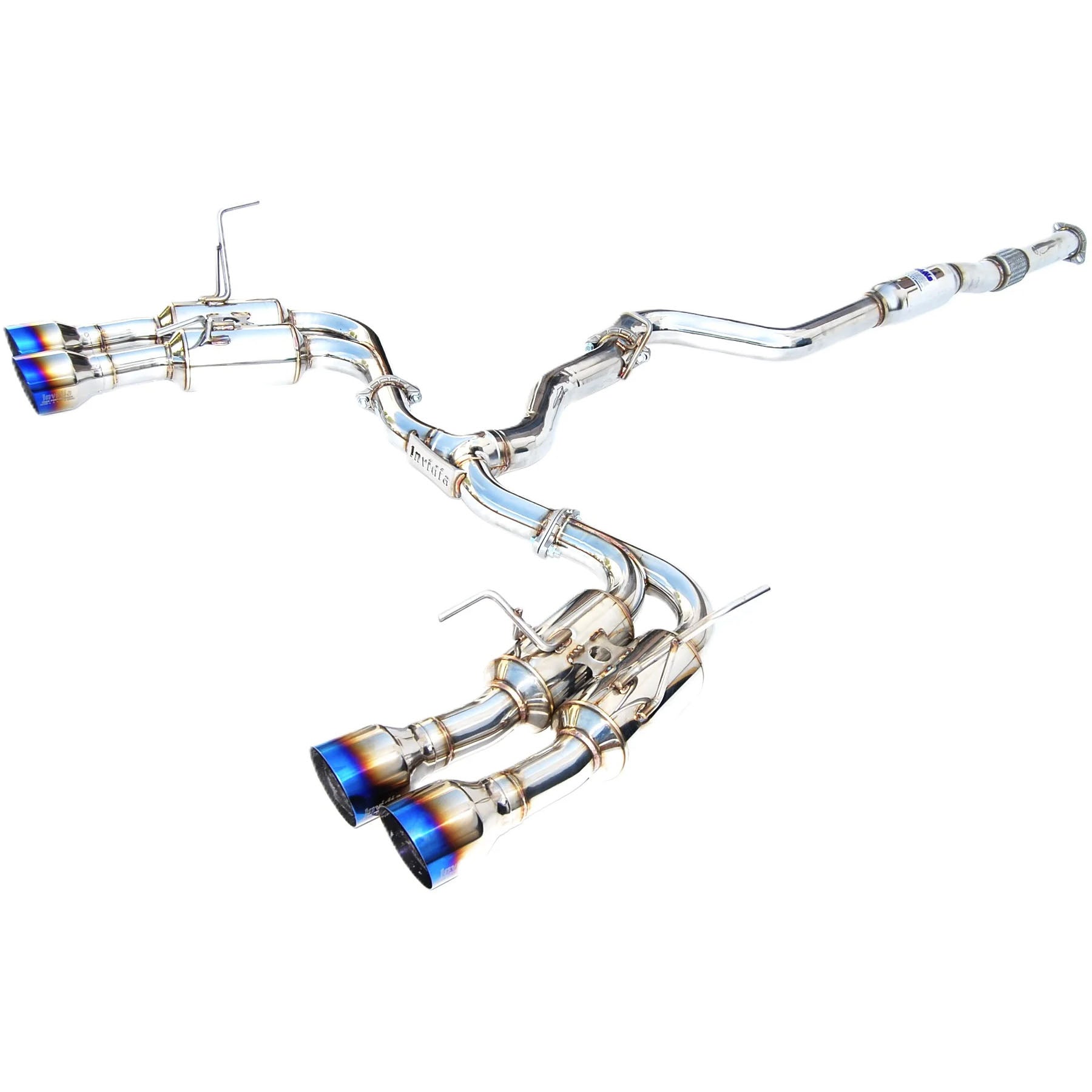 Invidia Gemini R400 Cat-Back Exhaust System w/ Quad Single-Layer 101mm Ti Tips, 2015-2021 WRX & STi - Angle 2