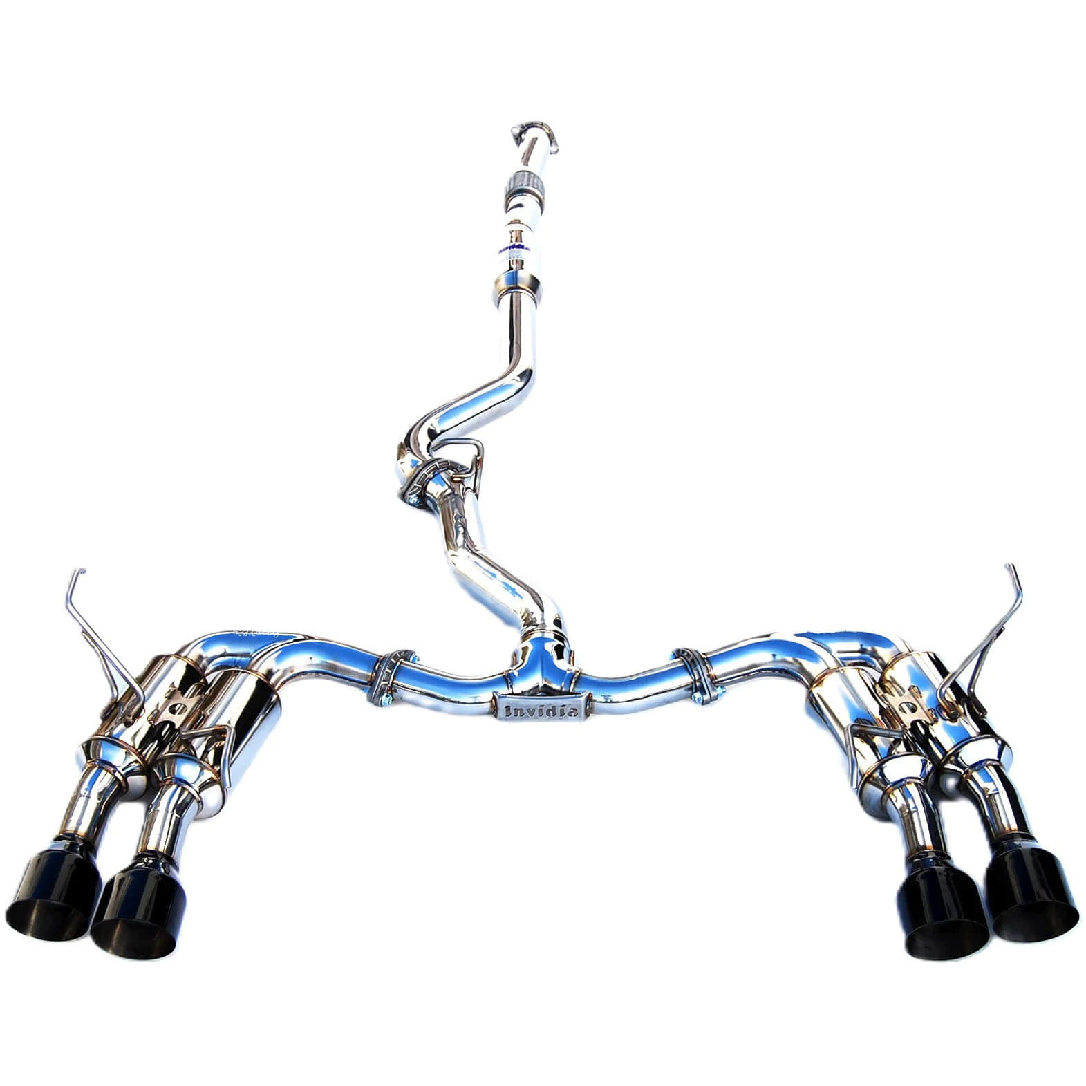 Invidia Gemini R400 Cat-Back Exhaust w/ Quad Single-Layer 101mm Black Tips, 2015-2021 STi & WRX - Angle 2