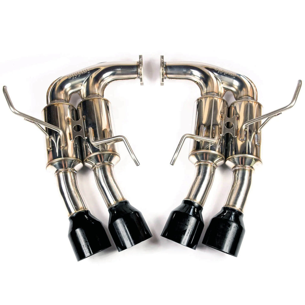 Invidia Gemini R400 Cat-Back Exhaust w/ Quad Single-Layer 101mm Black Tips, 2015-2021 STi & WRX - Angle 3