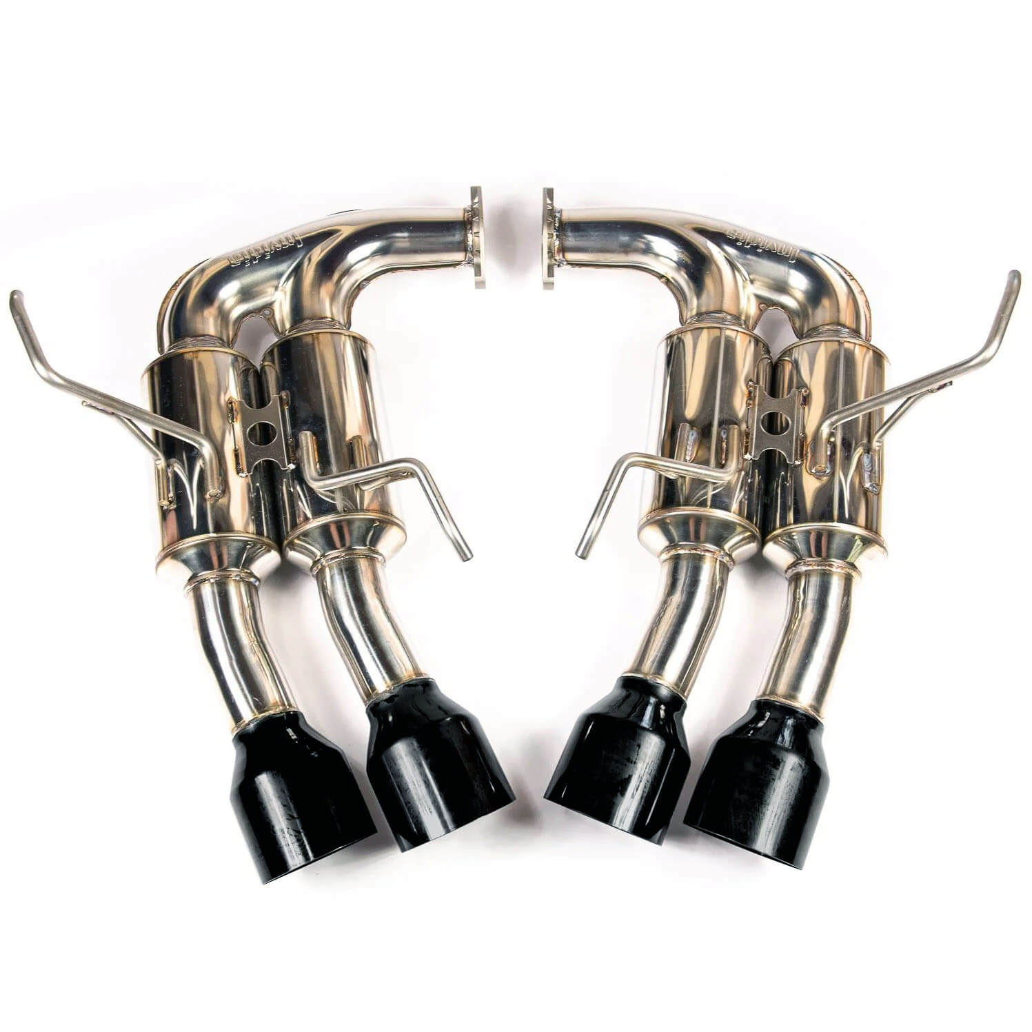 Invidia Gemini R400 Cat-Back Exhaust w/ Quad Single-Layer 101mm Black Tips, 2015-2021 STi & WRX - Angle 3