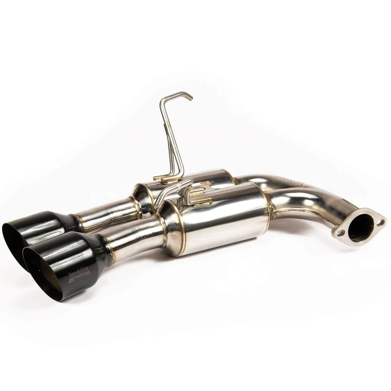 Invidia Gemini R400 Cat-Back Exhaust w/ Quad Single-Layer 101mm Black Tips, 2015-2021 STi & WRX - Angle 4
