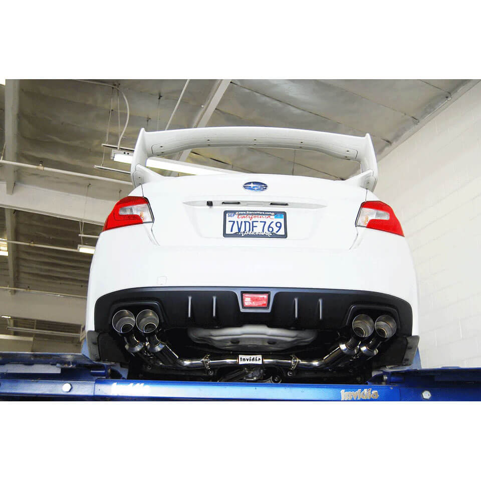 Invidia Gemini R400 Cat-Back Exhaust w/ Quad Single-Layer 101mm Black Tips, 2015-2021 STi & WRX - Angle 5