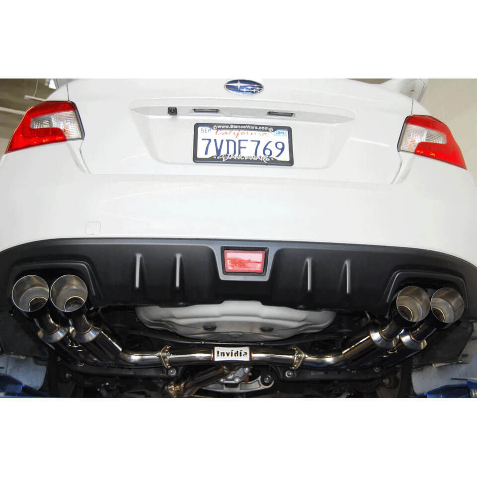 Invidia Gemini R400 Cat-Back Exhaust w/ Quad Single-Layer 101mm Black Tips, 2015-2021 STi & WRX - Angle 6