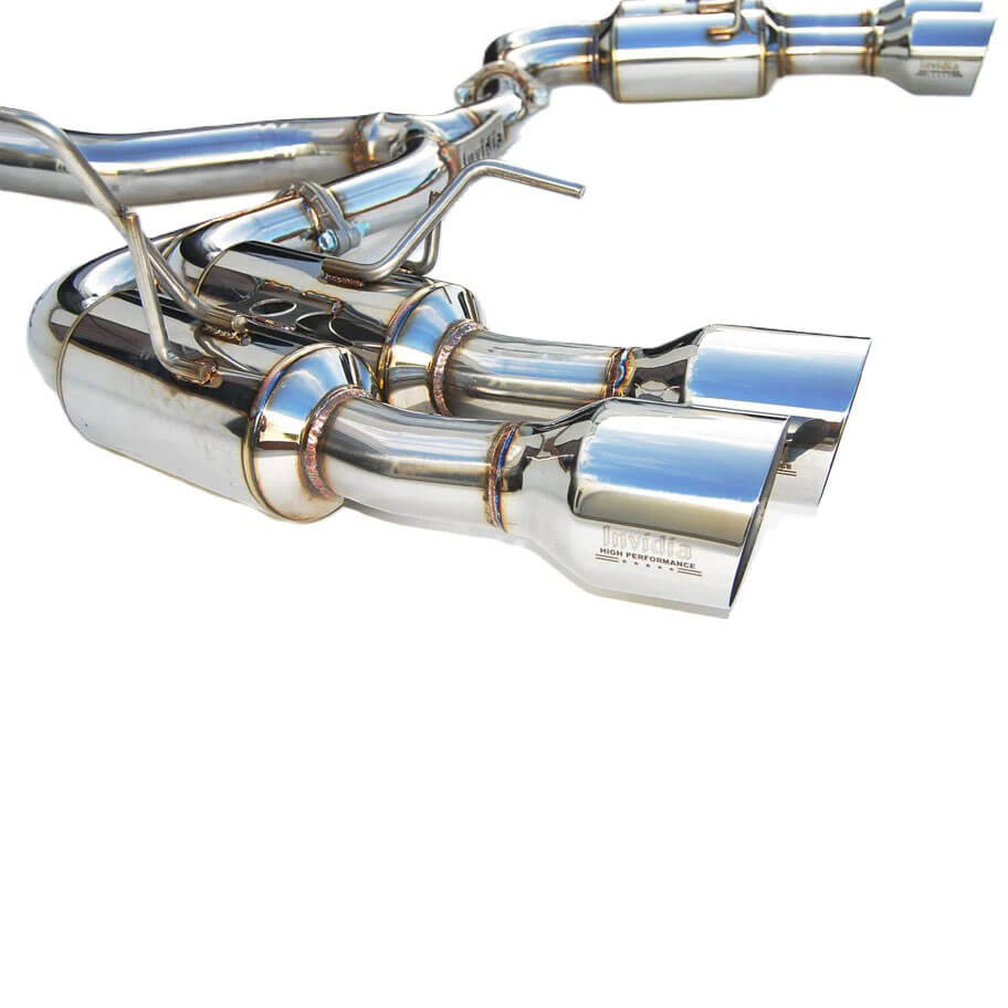 Invidia Gemini R400 Cat-Back Exhaust w/ Quad Single-Layer 101mm SS Tips, 2011-2014 WRX & STi (Sedan) - Angle 3