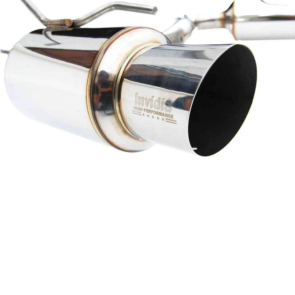 Invidia N1 Cat-Back Exhaust w/ Dual 101mm SS Tips, 2008-2014 STi & 2011-2014 WRX (Hatch) - Angle 3