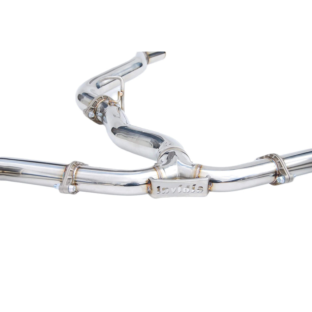 Invidia Q300 Cat-Back Exhaust w/ Quad Burnt 110mm Ti Tips, 2022-2026 WRX - Angle 4