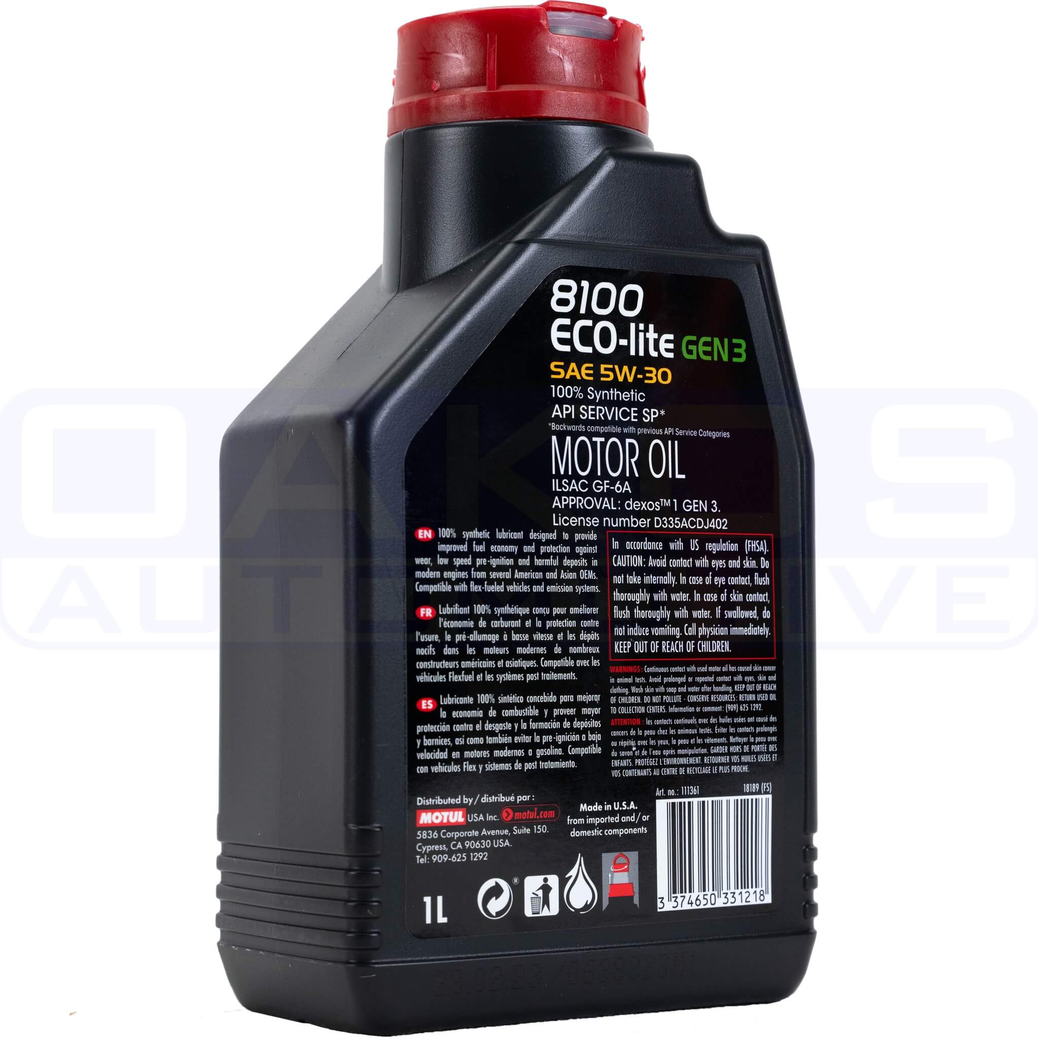 Motul 8100 ECO-lite Gen3 Full Synthetic Engine Oil (5W-30, 1 Liter) - Angle 3