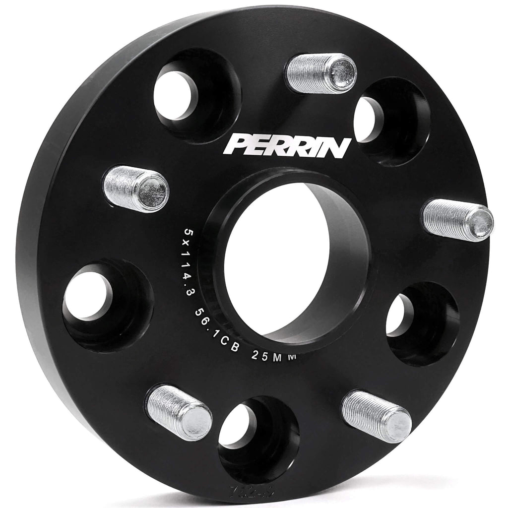 Perrin Wheel Spacers (25mm, 5x114.3, 56.1mm Hub, Pair/2, Black), 2005-2021 STi & 2015-2025 WRX - Angle 2
