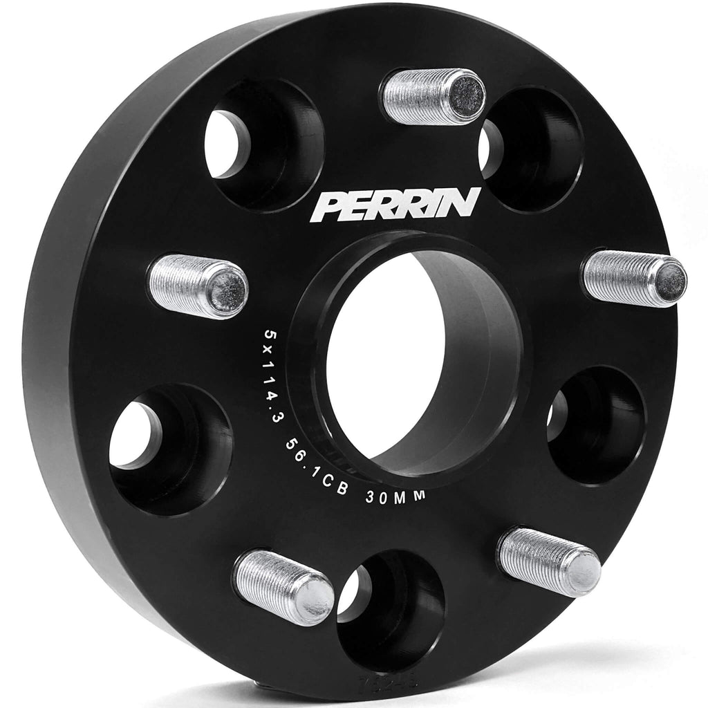 Perrin Wheel Spacers (30mm, 5x114.3, 56.1mm Hub, Pair/2, Black), 2005-2021 STi & 2015-2025 WRX - Angle 2