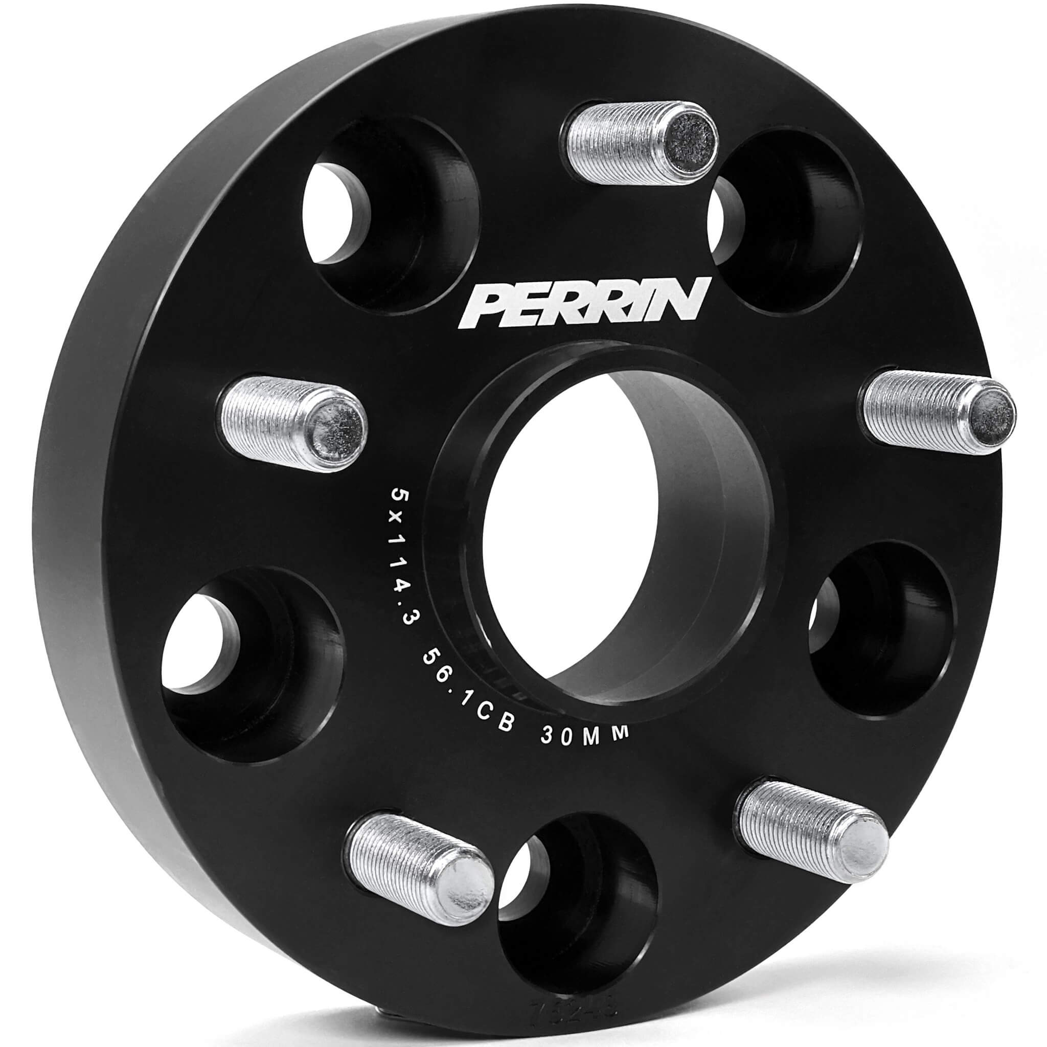 Perrin Wheel Spacers (30mm, 5x114.3, 56.1mm Hub, Pair/2, Black), 2005-2021 STi & 2015-2025 WRX - Angle 2