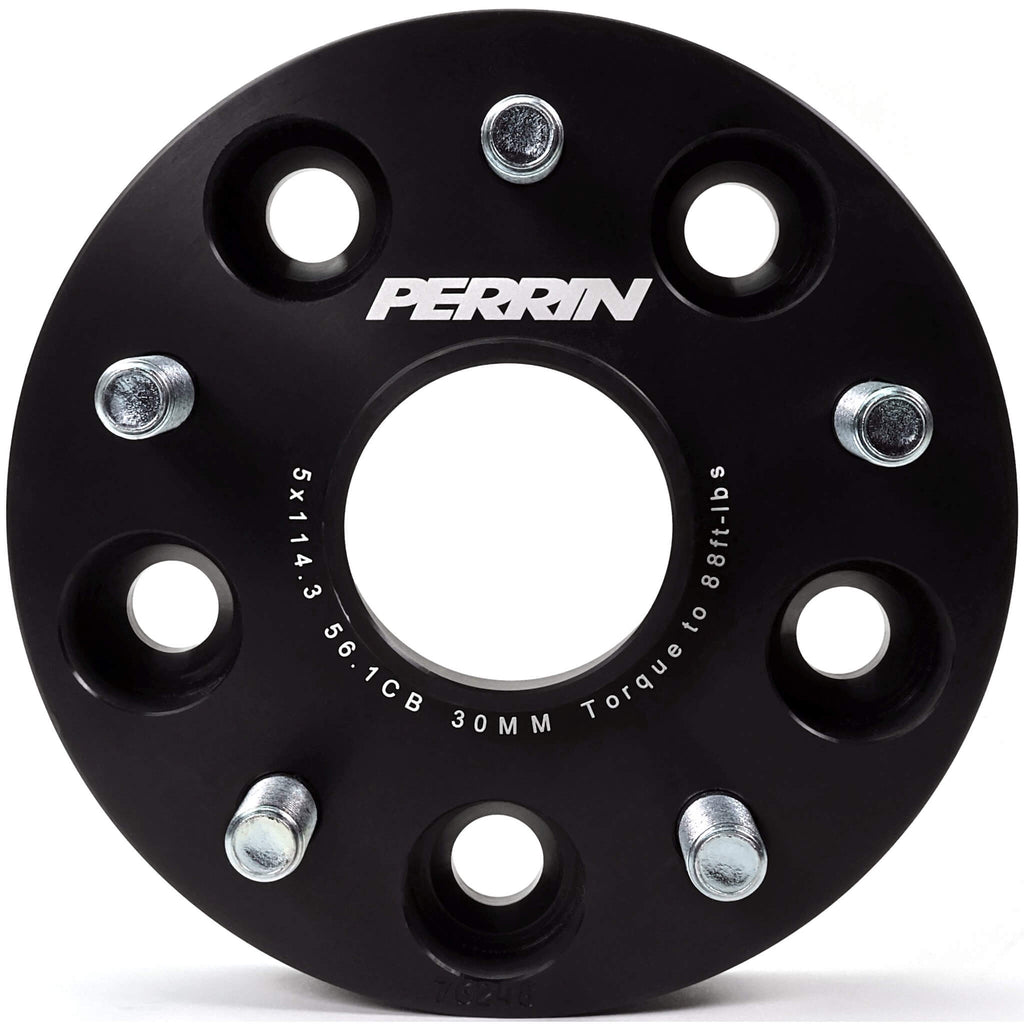 Perrin Wheel Spacers (30mm, 5x114.3, 56.1mm Hub, Pair/2, Black), 2005-2021 STi & 2015-2025 WRX - Angle 3
