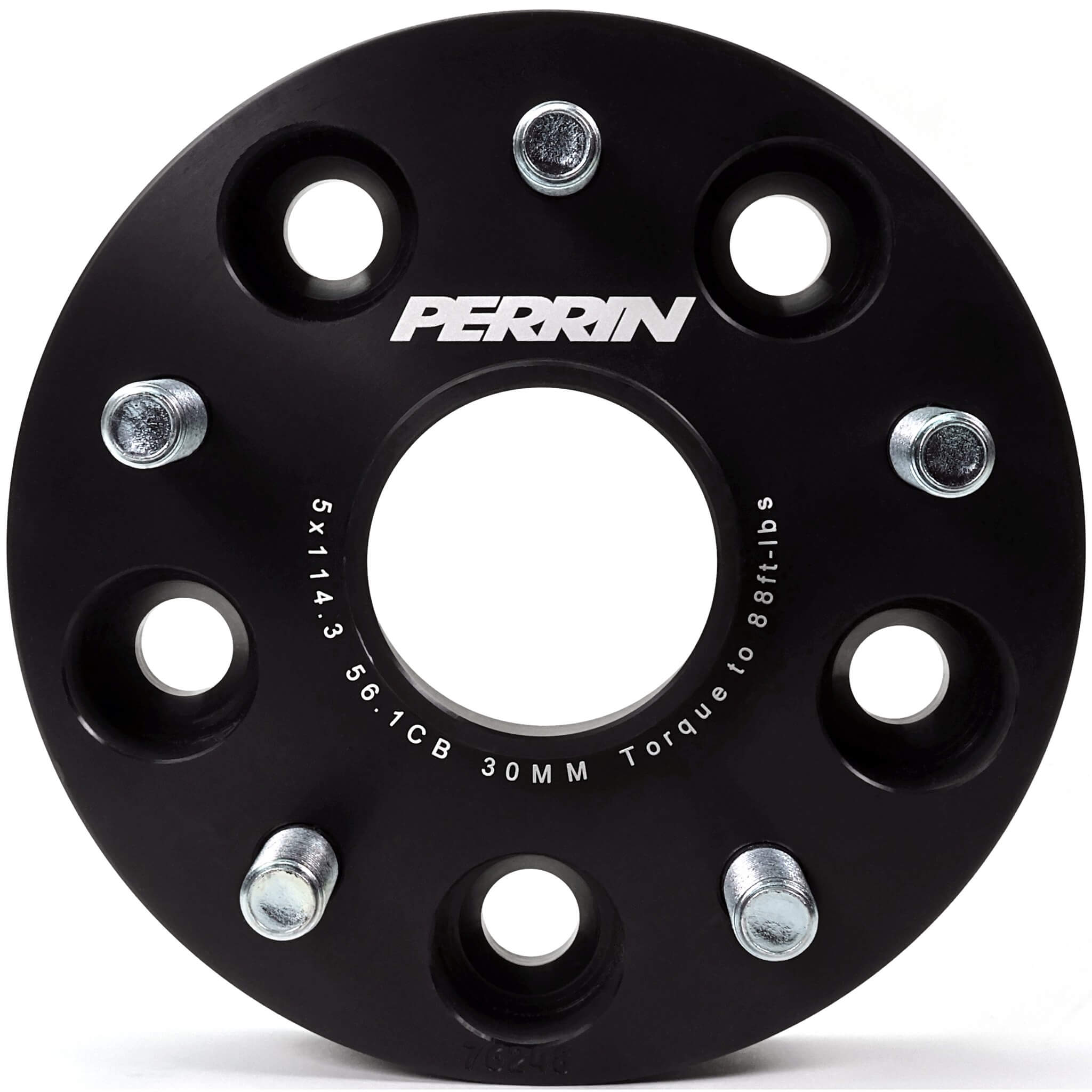 Perrin Wheel Spacers (30mm, 5x114.3, 56.1mm Hub, Pair/2, Black), 2005-2021 STi & 2015-2025 WRX - Angle 3