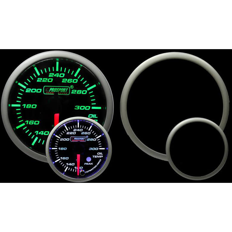 Prosport Premium Oil Temp Gauge (52mm, Green/White, Peak/Warn)