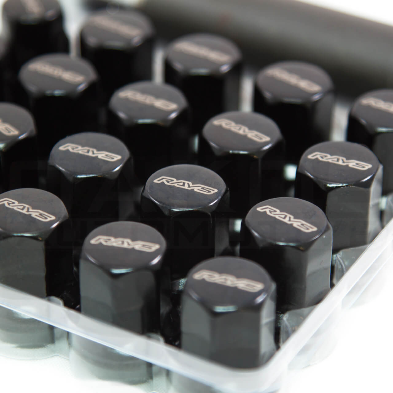 Rays Lug Nuts & Locks Set (16 Lugs, 4 Locks, 1 17mm Hex Adapter & 1 Key (12x1.25, Black) - Angle 5