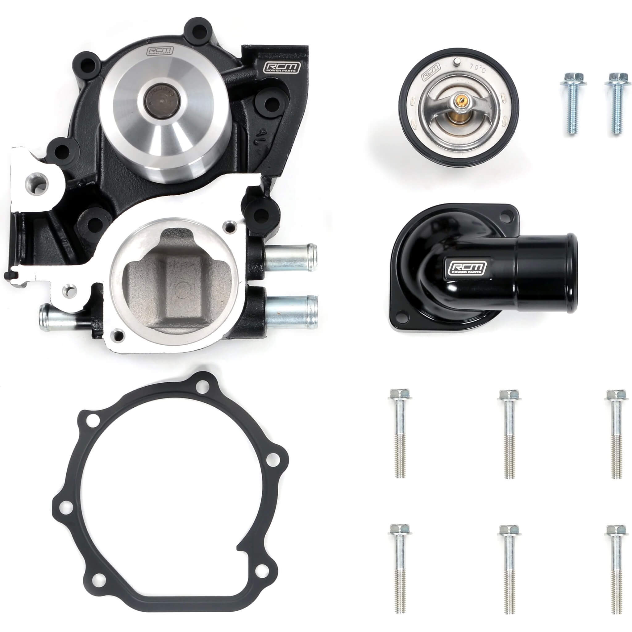 Roger Clark Black Series Water Pump & 70c Degree Thermostat 3 Port, 2004-2007 WRX & 2004-2021 STi - Angle 2